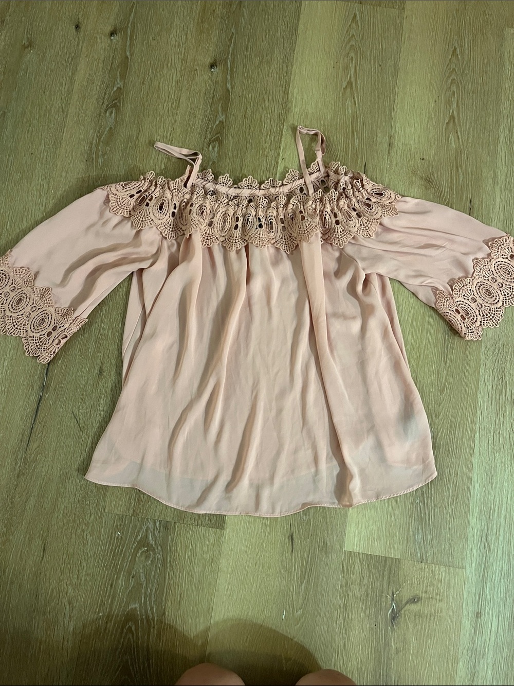 Off-Shoulder Lace-Trim Blouse in Light Pink